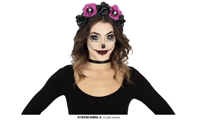 CERCHIETTO CATRINA FIORI NERI E ROSA (24648)