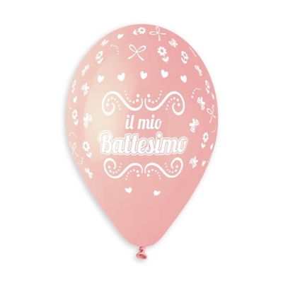 PALLONCINI IN LATTICE TONDO BIANCO E ROSA BATTESIMO 33CM 5PZ (340747)
