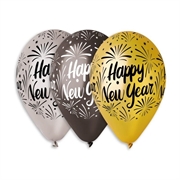 PALLONCINI IN LATTICE TONDO ORO ARGENTO NERO HAPPY NEW YEAR 33CM (341225)