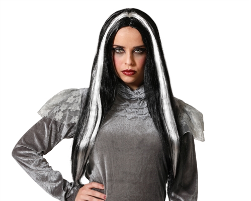 PARRUCCA LUNGA NERA CON STRISCE BIANCHE 60CM (39818)