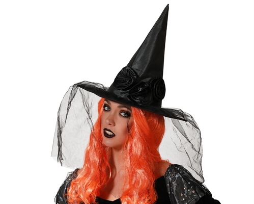 CAPPELLO STREGA NERO CON ROSE E VELO (74712)